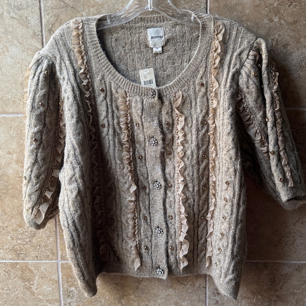 Maeve Ruffled Embellished Short Sleeve Cardigan Sweater Sparkle Anthropologie XL - Picture 13 of 16